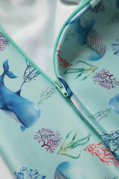 Close up View of Whale Print Swing Dress in Baby Blue