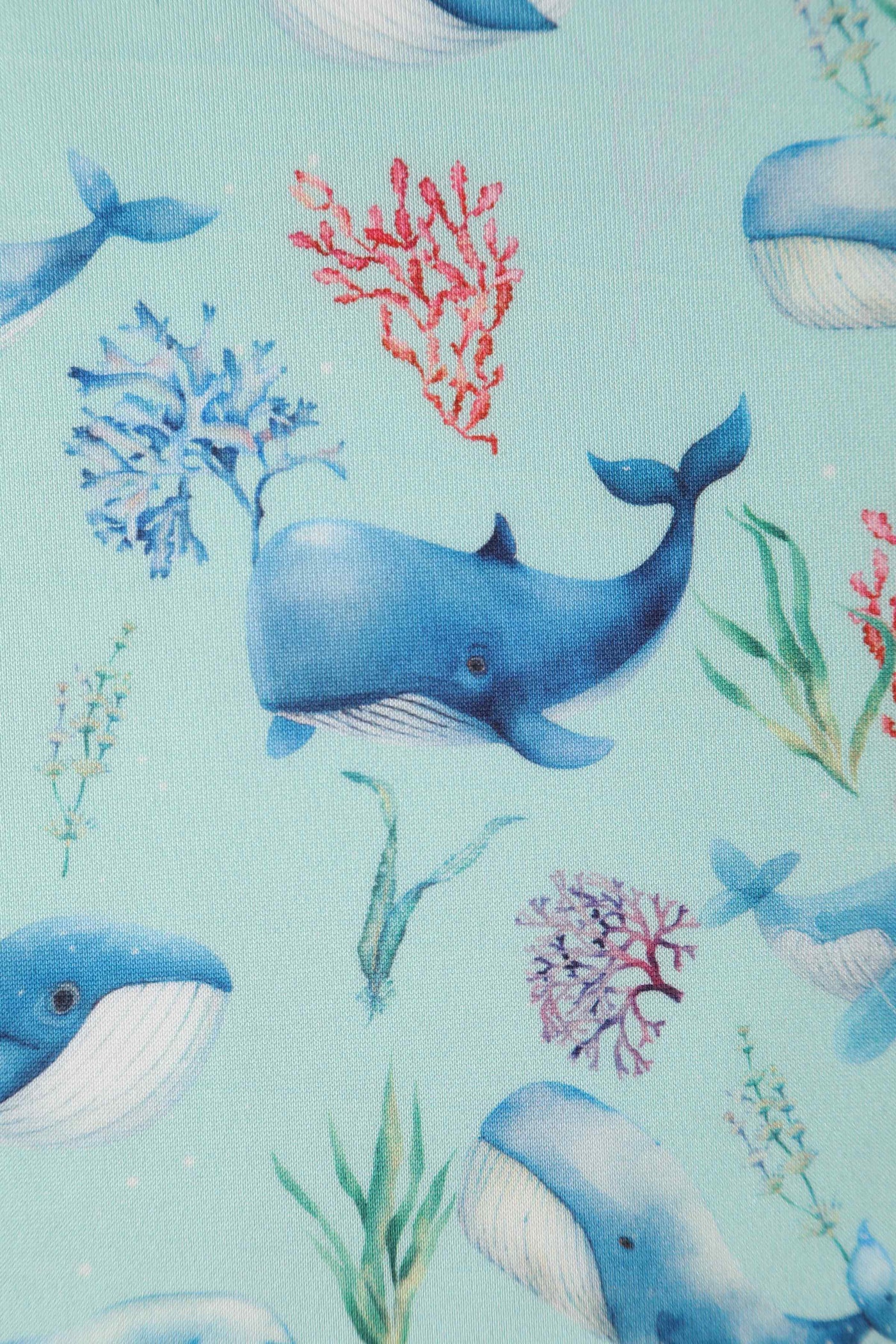 Close up View of Whale Print Swing Dress in Baby Blue
