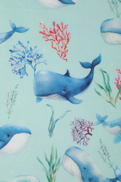 Close up View of Whale Print Swing Dress in Baby Blue