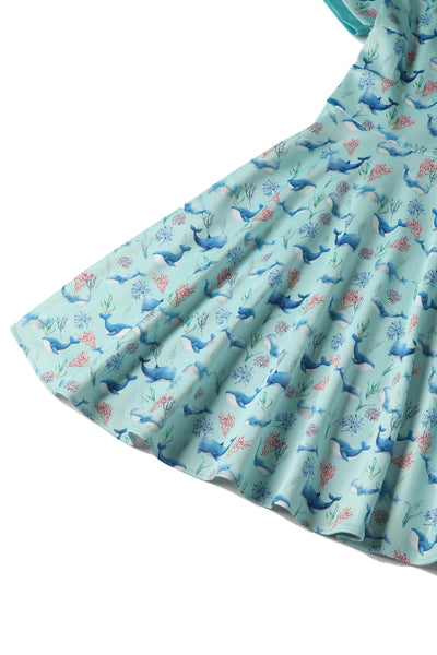 Close up View of Whale Print Swing Dress in Baby Blue