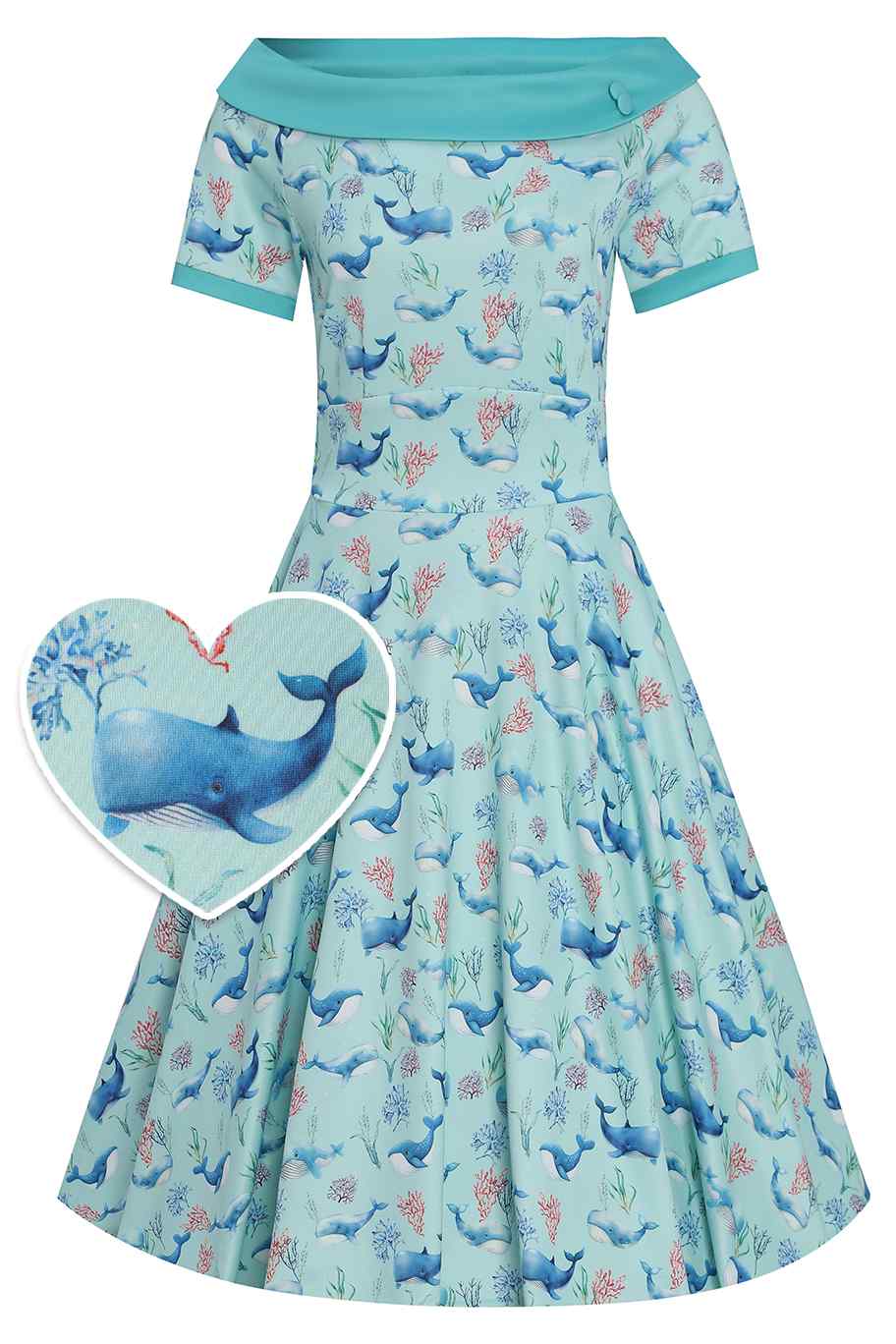 Front View of Whale Print Swing Dress in Baby Blue