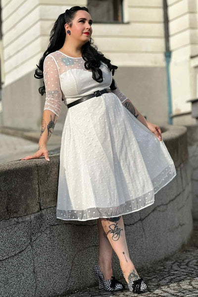 Madeline White Polka Dot Mesh Formal Dress