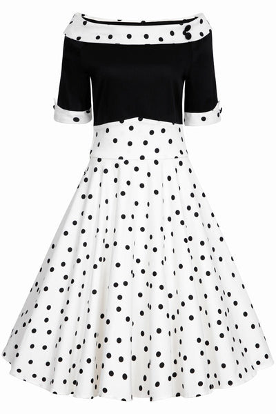 Black and white polka dot swing dress with sleeves
