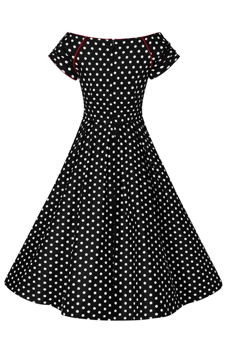 Lily short sleeved swing dress, in black, with white polka dots, back view