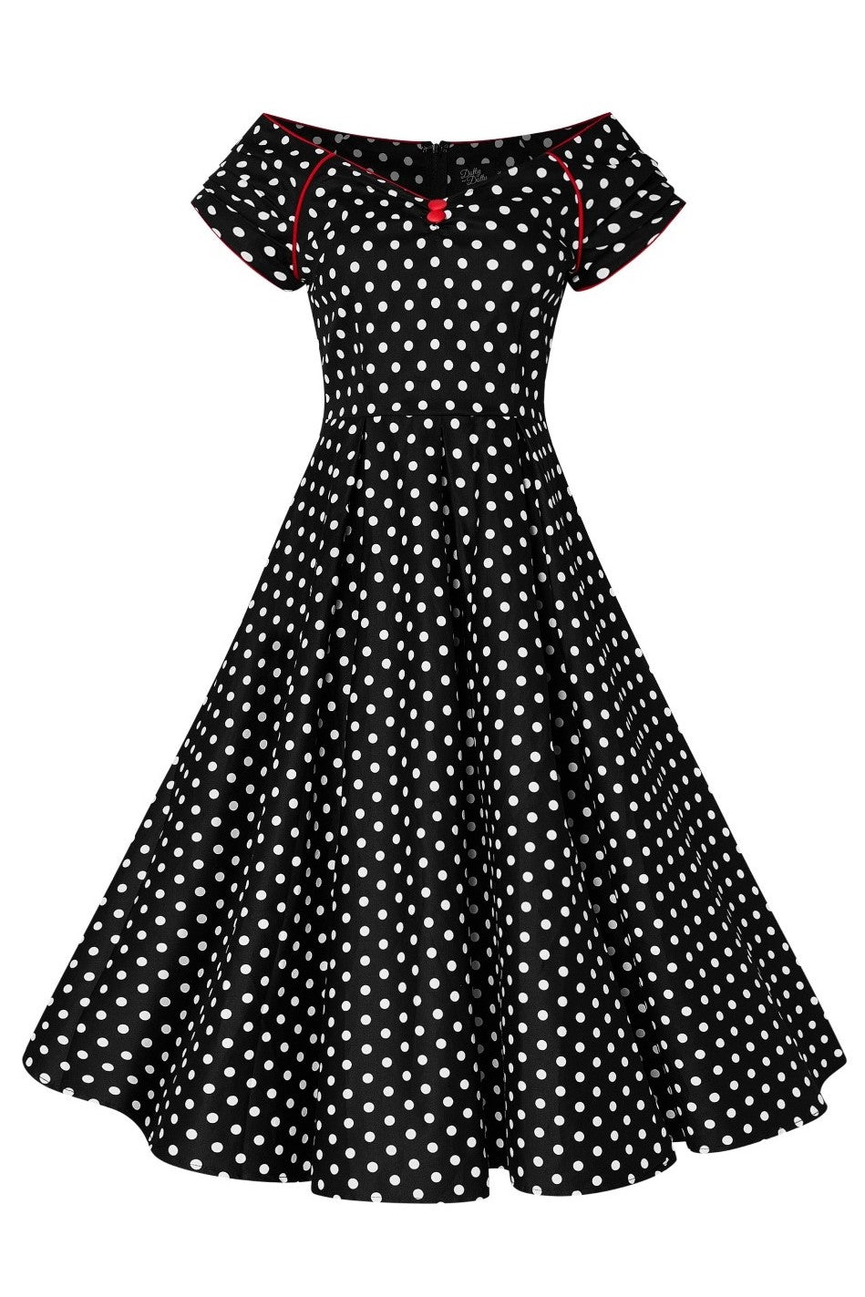 Lily short sleeved swing dress, in black, with white polka dots, front view