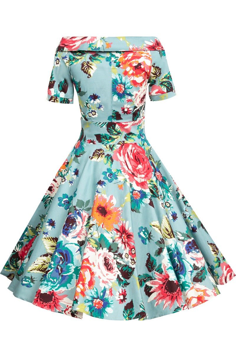 Darlene Blue Floral 1950s Collar Swing Dress Dolly and Dotty