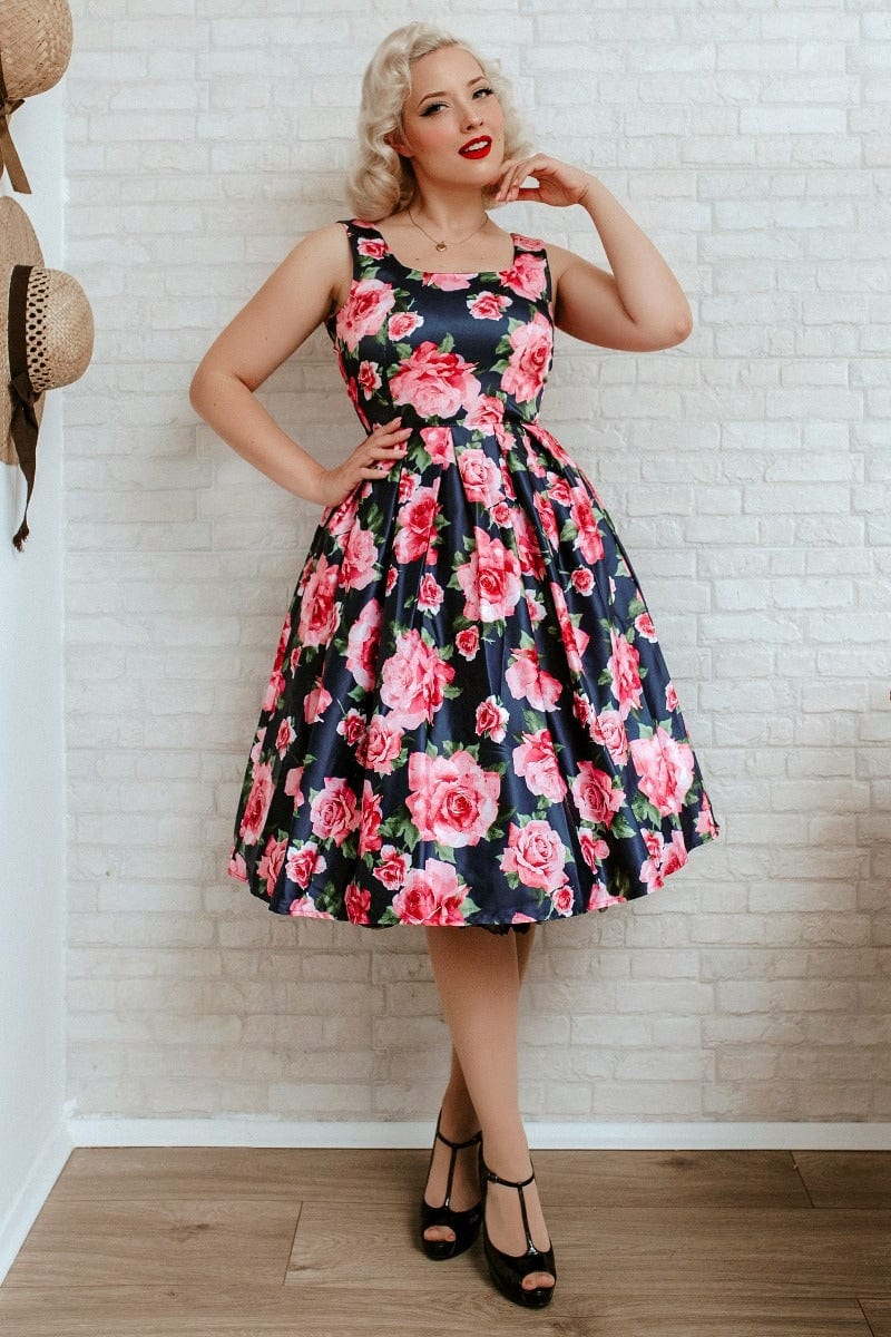 Women's Blue & Pink Roses Swing Dress 