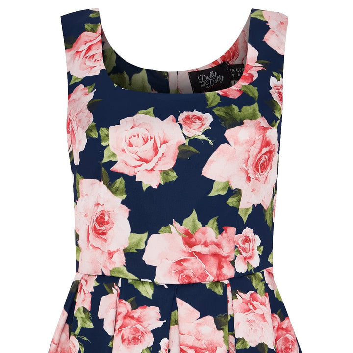 Amanda Navy Blue & Pink Roses Swing Dress
