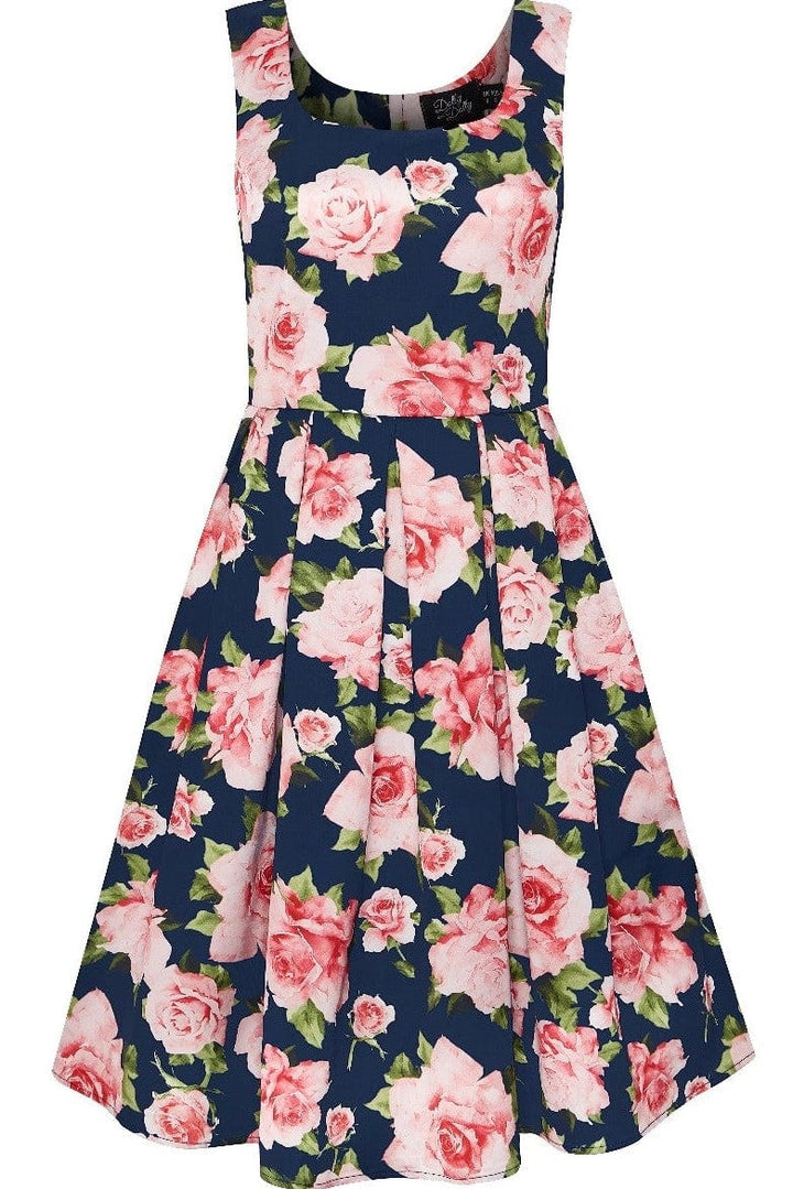 Amanda Navy Blue & Pink Roses Swing Dress - Dolly and Dotty Amanda Navy Blue & Pink Roses Swing Dress - Dolly and Dotty