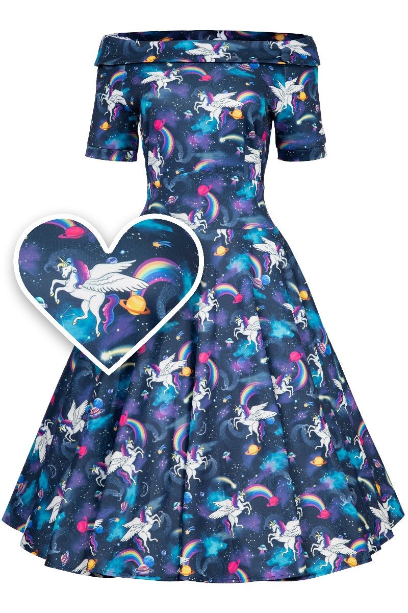 Blue bateau neckline dress with unicorn rainbow print