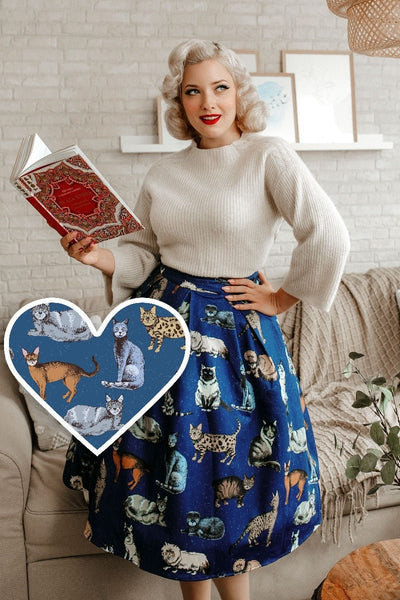 Woman's Box Pleat Skirt in Blue Cat Print