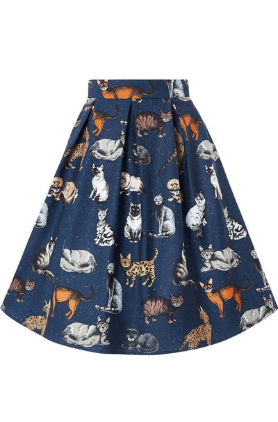 Woman's Box Pleat Skirt in Blue Cat Print