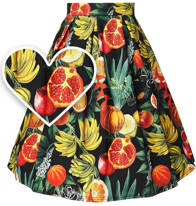 Black tropical fruit print flared skirt