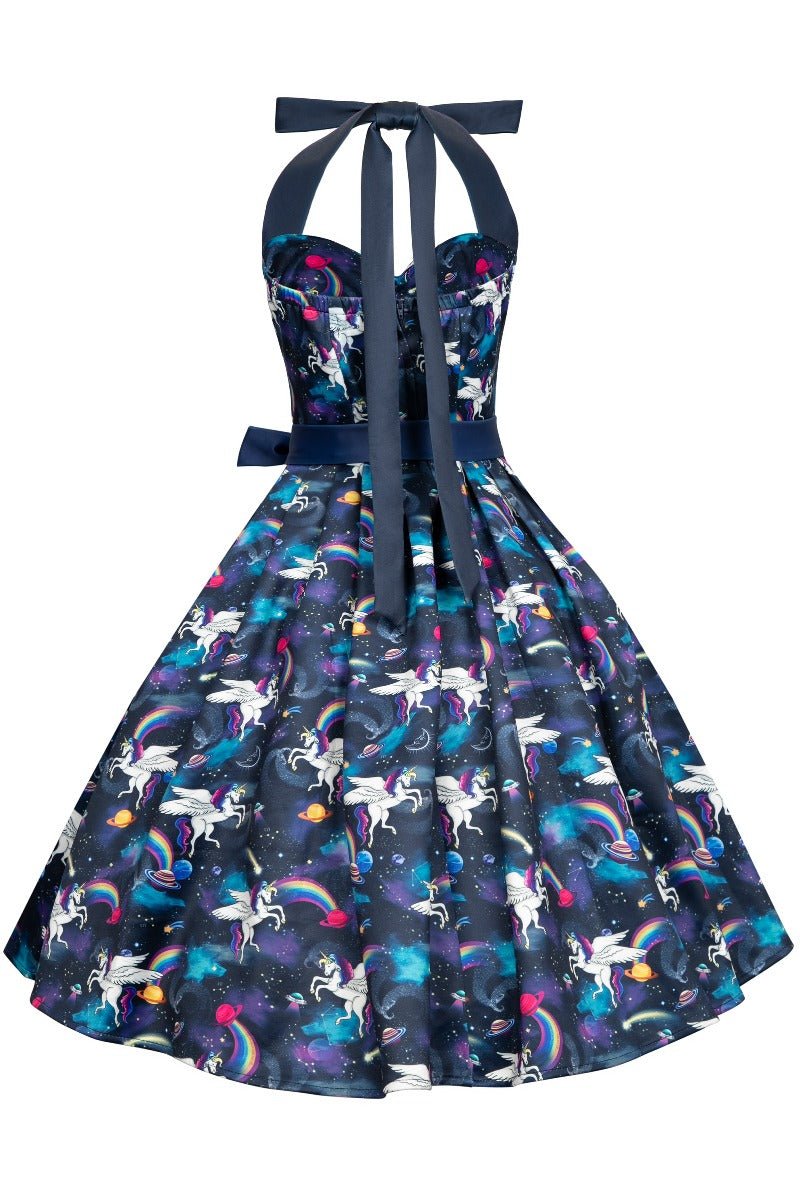 Women's Halter Neck Blue Unicorn Swing Dress back view