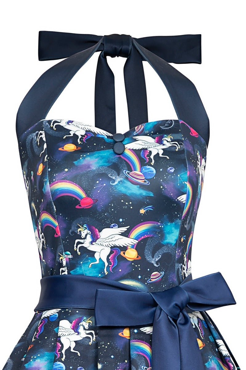 Women's Halter Neck Blue Unicorn Swing Dress close up