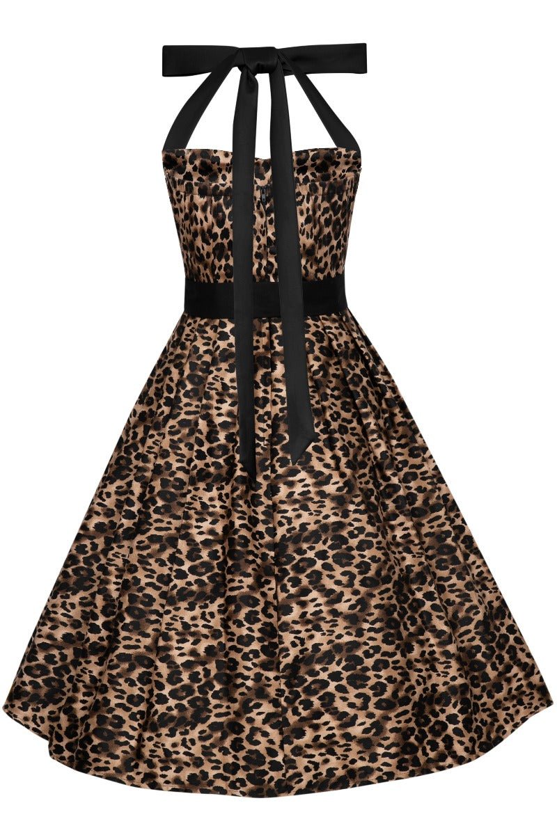 Brown Halter Neck Leopard Print Swing Dress back view