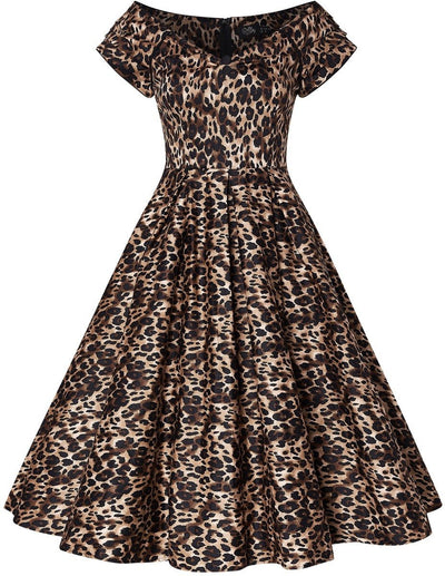 Brown leopard print short sleeve swing dress