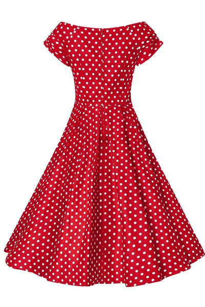 Lily short sleeve dress, in red, with white polka dots, back view