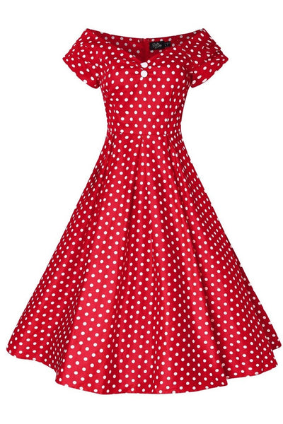 Lily short sleeve dress, in red, with white polka dots, front view