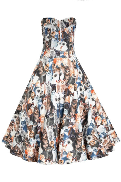Strapless vintage dress with a photo-realistic cat print back view
