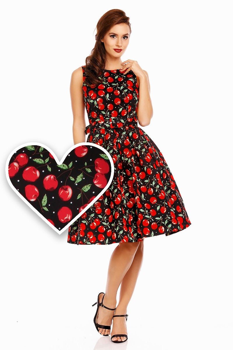 Annie Retro Swing Dress in Black/Red Cherry Print