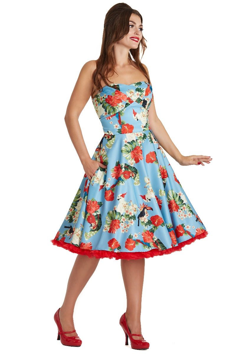 Woman's Retro Dress in Light Blue with Red Flowers