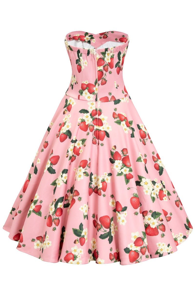 Strapless swing dress in pink strawberry print back view