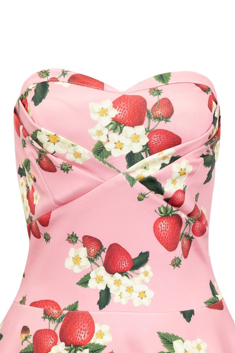 Strapless swing dress in pink strawberry print close up