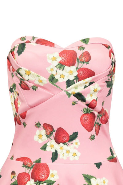 Strapless swing dress in pink strawberry print close up