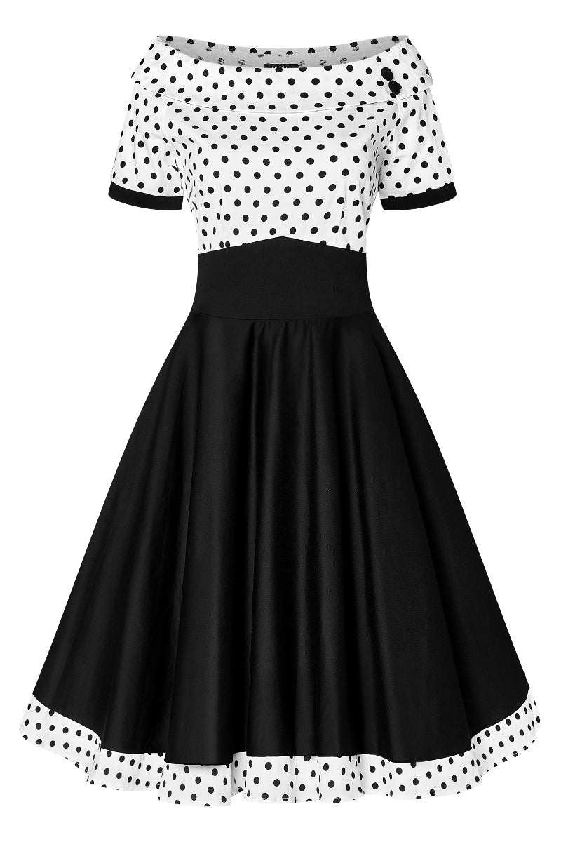 Darlene Retro Swing Dress in White/Black Polka Dot Print