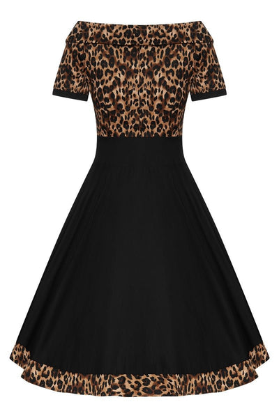 Short sleeve Darlene dress, with a brown leopard print top and black skirt, back view