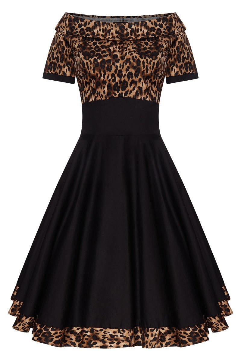 Short sleeve Darlene dress, with a brown leopard print top and black skirt, front view