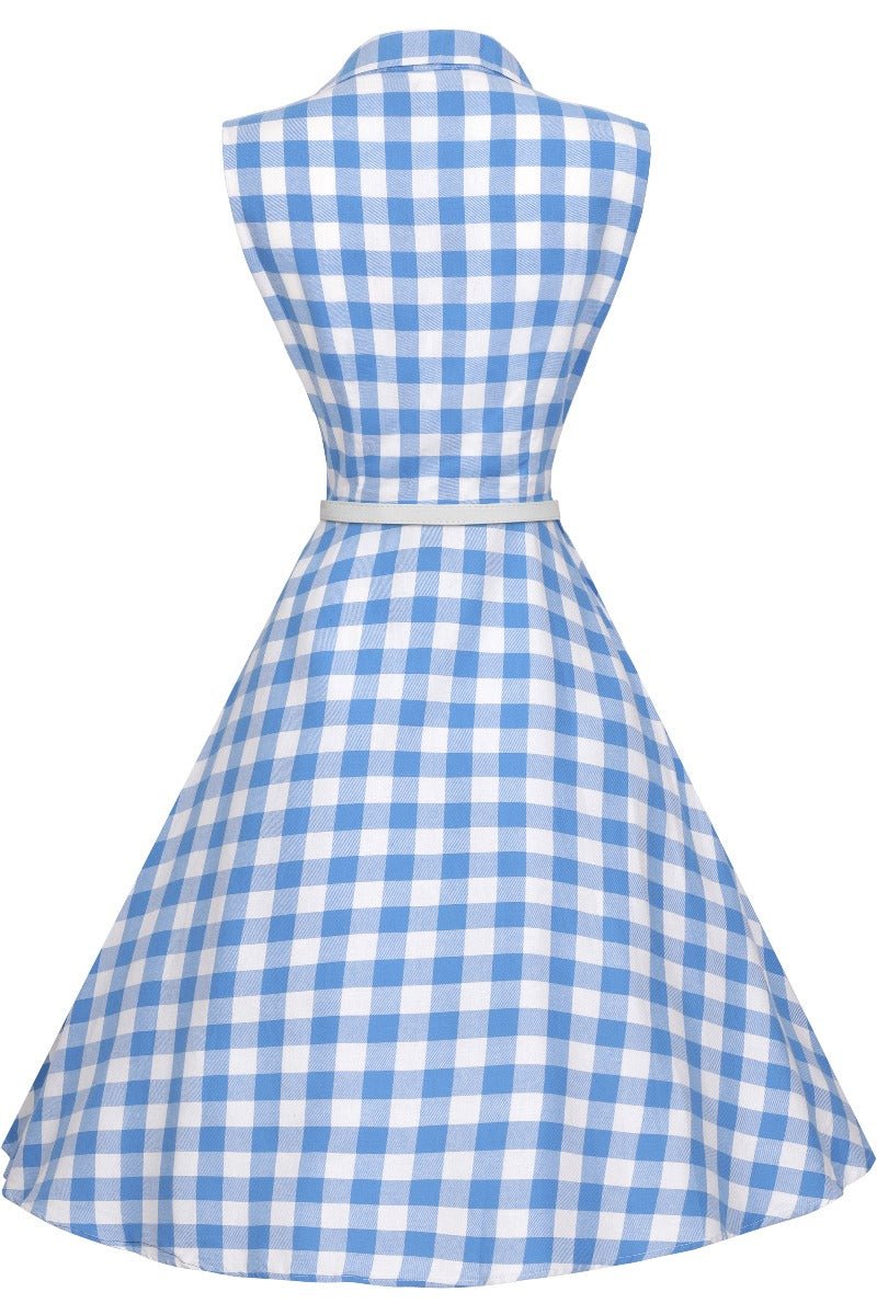 Sleeveless collar shirt dress, in blue/white gingham check, back view