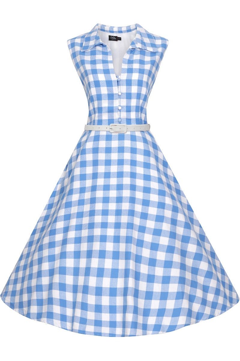 Sleeveless collar shirt dress, in blue/white gingham check, front view