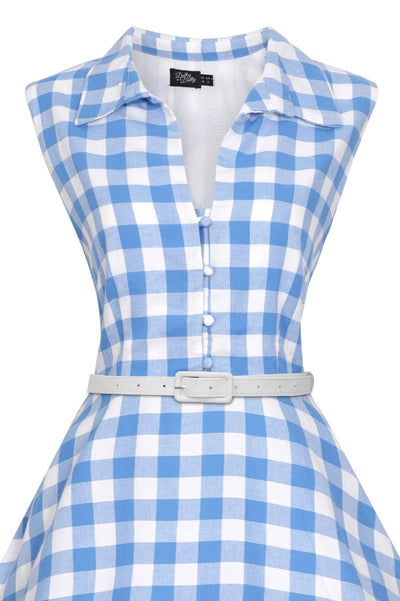 Sleeveless collar shirt dress, in blue/white gingham check, top view