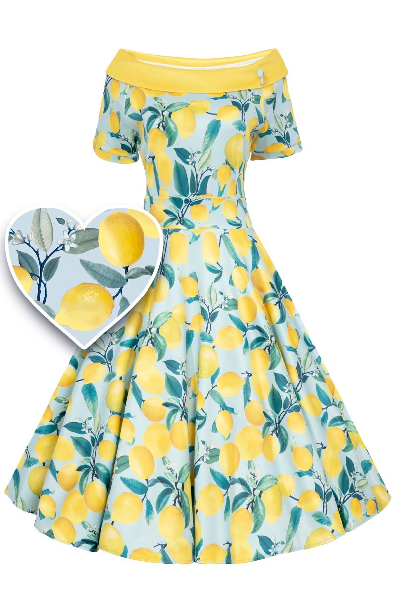 Darlene Off Shoulder Vintage Dress in Blue Yellow Lemon Print