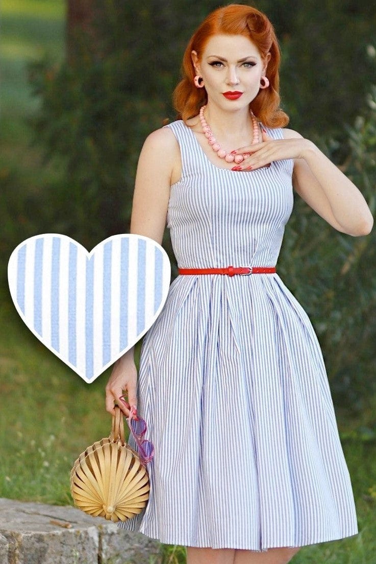 Model in blue white pin striped swing dress