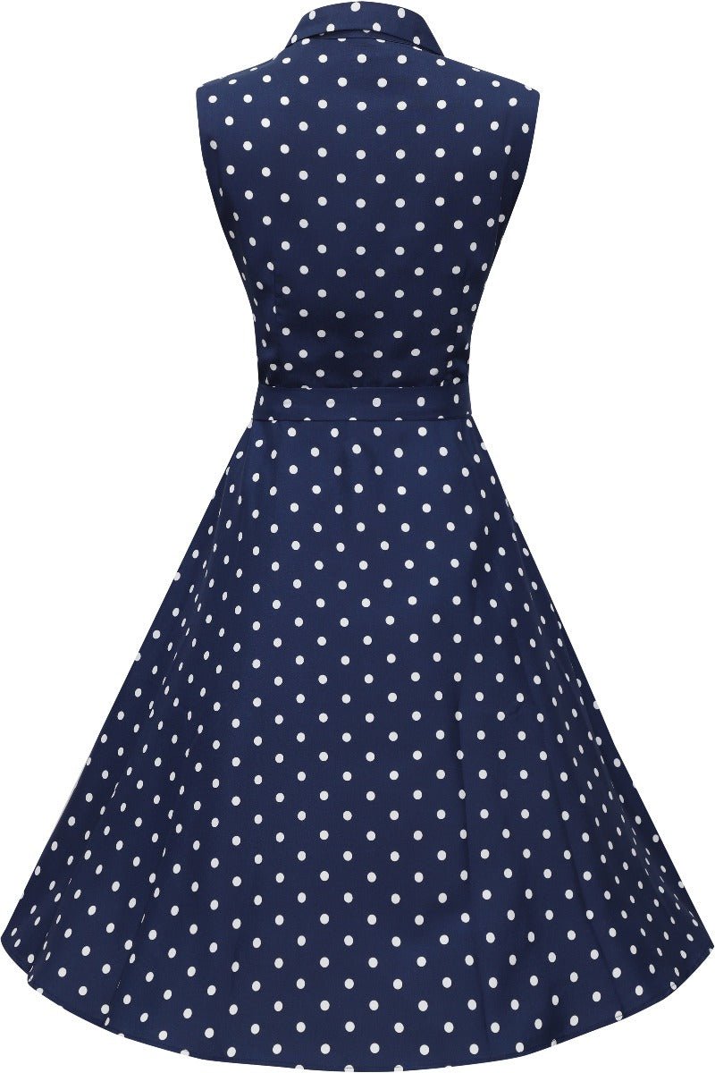 Back view of our sleeveless, shirt, swing  dress, in navy blue polka dot print