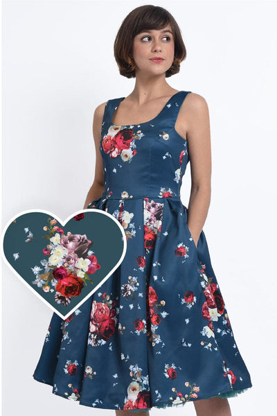 Women's Blue & Red Rose Swing Dress
