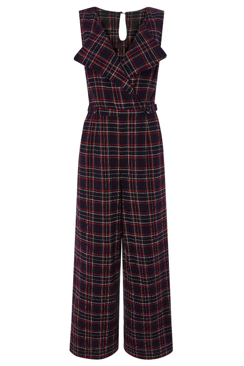 Blue red tartan plaid jumpsuit with belt and large lapels