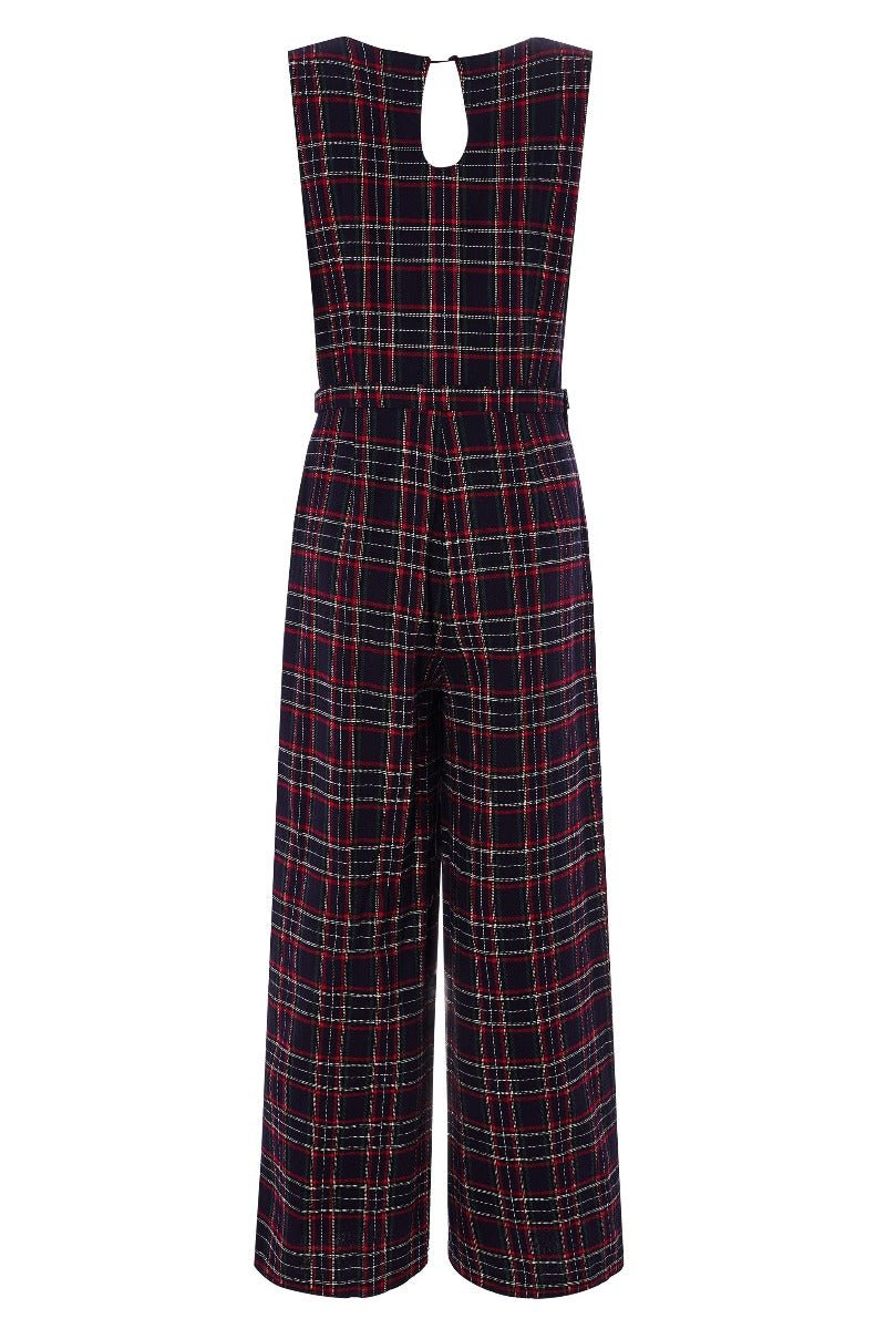 Blue red tartan plaid jumpsuit with belt back view