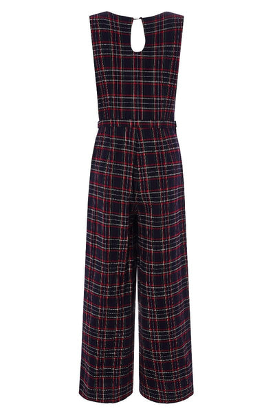 Blue red tartan plaid jumpsuit with belt back view
