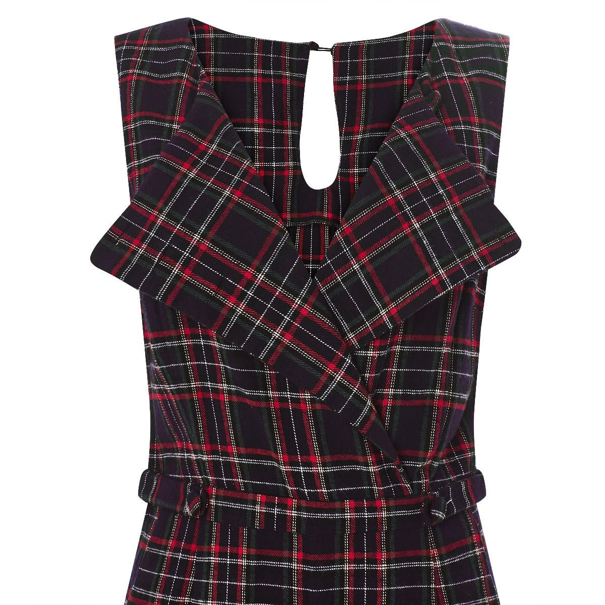 Blue red tartan plaid jumpsuit with belt collar close up