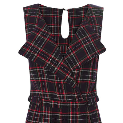 Blue red tartan plaid jumpsuit with belt collar close up