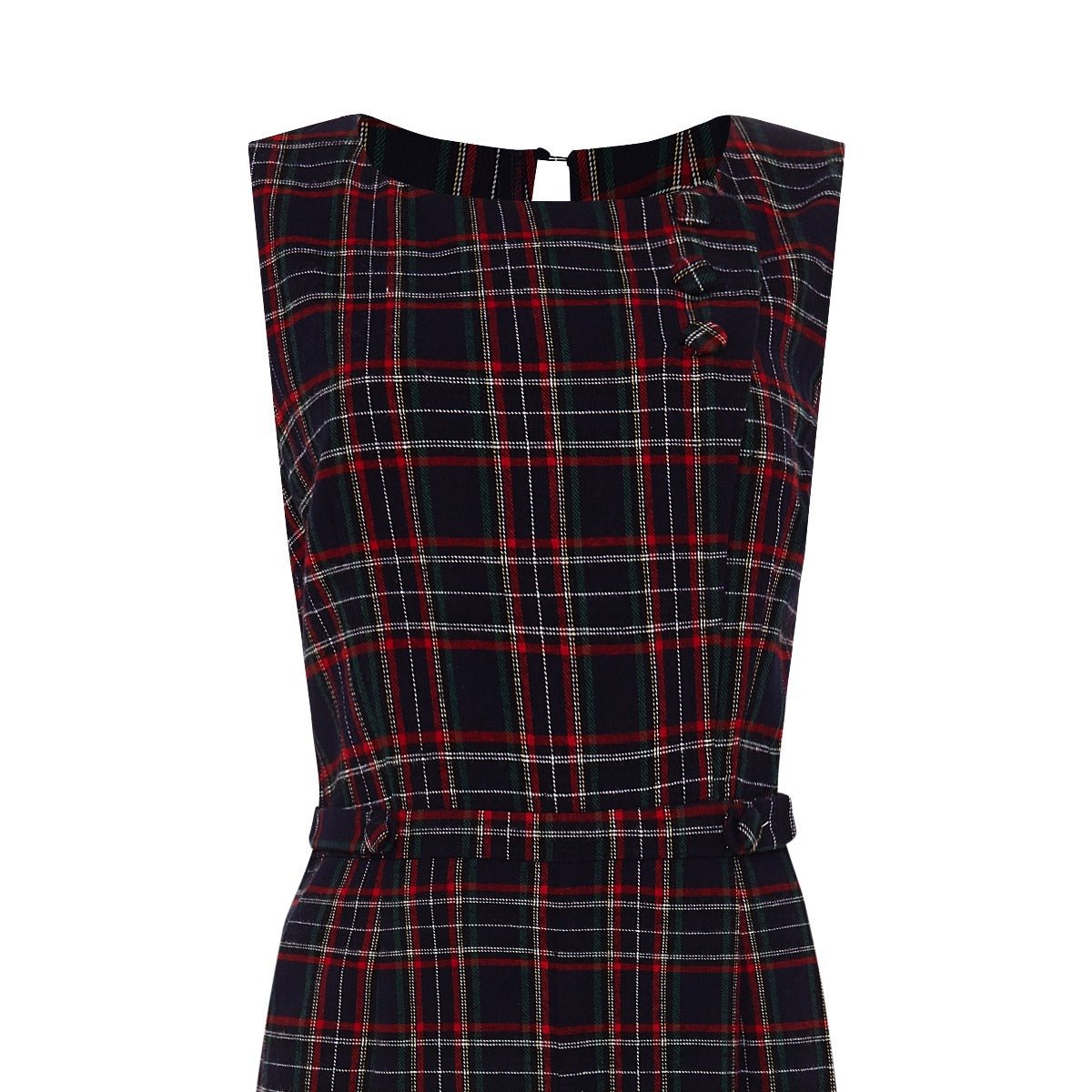 Blue red tartan plaid jumpsuit with belt buttoned up close up