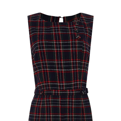 Blue red tartan plaid jumpsuit with belt buttoned up close up