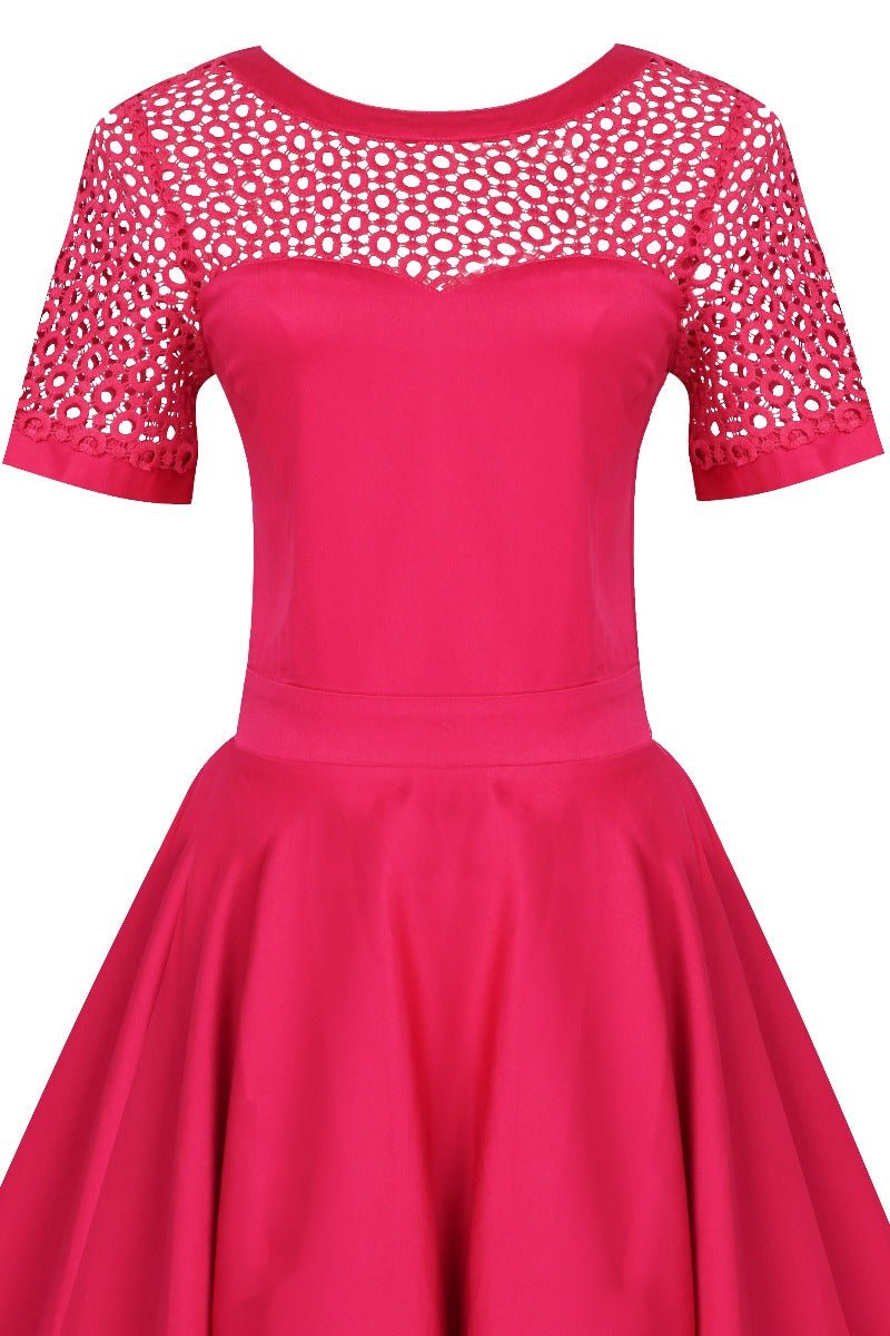 Short sleeved crochet laced swing dress, in hot pink, top view