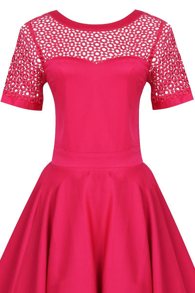 Short sleeved crochet laced swing dress, in hot pink, top view