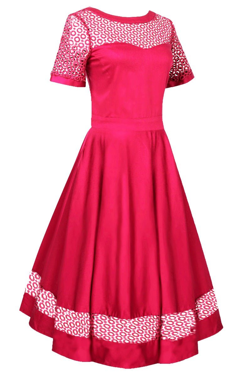 Short sleeved crochet laced swing dress, in hot pink, side view