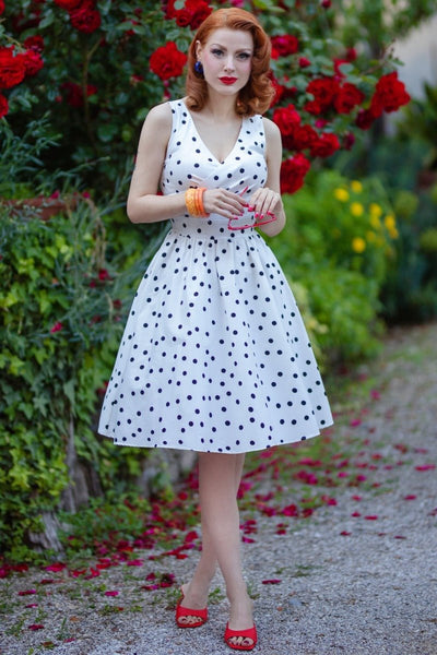 Women's Crossover Bust Black White Polka Dot Swing Dress